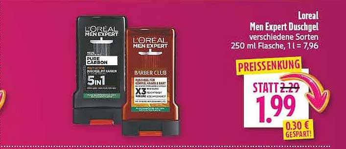 L'Oreal Men Expert Duschgel verschiedene Sorten 250 ml Flasche, 1 l = 7,96