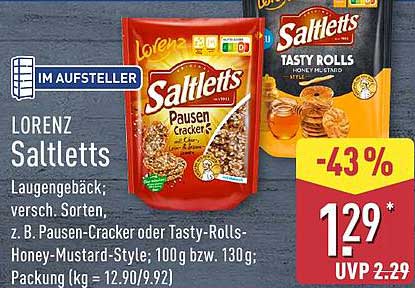 LORENZ Saltletts Laugeneckig, versch. Sorten, z. B. Pausen-Cracker oder Tasty-Rolls-Honey-Mustard-Style; 100 g bzw. 130 g; Packung (kg = 12.90/9.92)