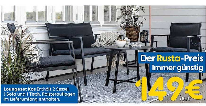 Loungeset Kos Enthält 2 Sessel 1 Sofa und 1 Tisch. Polsterauflagen im Lieferumfang enthalten.