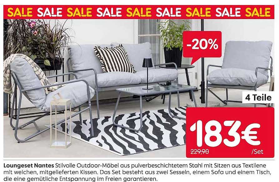 Loungeset Nantes Stilvolle Outdoor-Möbel aus pulverbeschichtetem Stahl mit Sitzen aus Textilene mit weichen, mitgelieferten Kissen. Das Set besteht aus zwei Sesseln, einem Sofa und einem Tisch, die eine gemütliche Entspannung im Freien garantieren.
