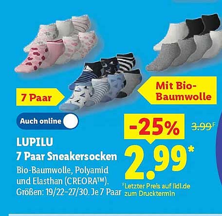 LUPILU 7 Paar Sneakersocken Bio-Baumwolle, Polyamid und Elasthan (CREORA™)