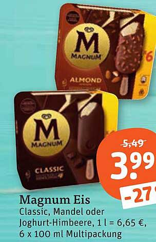 Magnum Eis Classic, Mandel oder Joghurt-Himbeere, 1 l = 6,65 €, 6 x 100 ml Multipackung