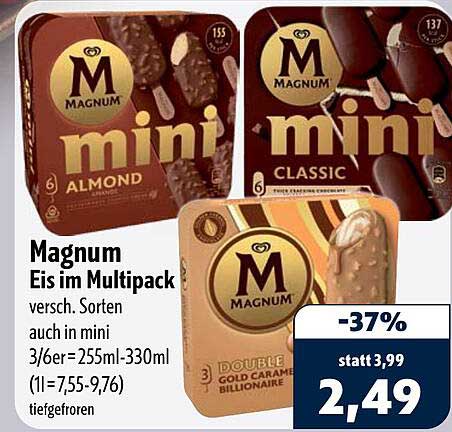Magnum Eis im Multipack versch. Sorten auch in mini 3/6er=255ml-330ml (1l=7,55-9,76) tiefgefroren