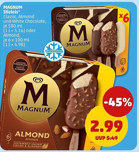 MAGNUM Stieleis* Classic, Almond und White Chocolate, je 580 ml (1 l = 5.16) oder Almond, je 6 x 100 ml (1 l = 4.98)