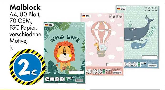Malblock A4, 80 Blatt, 70 GSM, FSC Papier, verschiedene Motive, je