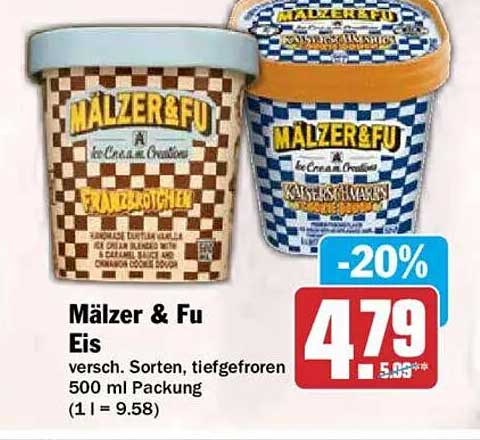Mälzer & Fu Eis versch. Sorten, tiefgefroren 500 ml Packung (1 l = 9.58)