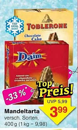 Mandeltarta versch. Sorten. 400 g (1 kg = 9,98)
