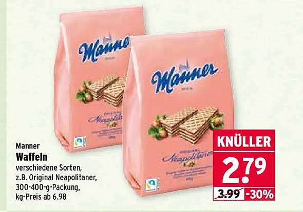 Manner Waffeln verschiedene Sorten, z.B. Original Neapolitaner, 300-400-g-Packung, kg-Preis ab 6.98