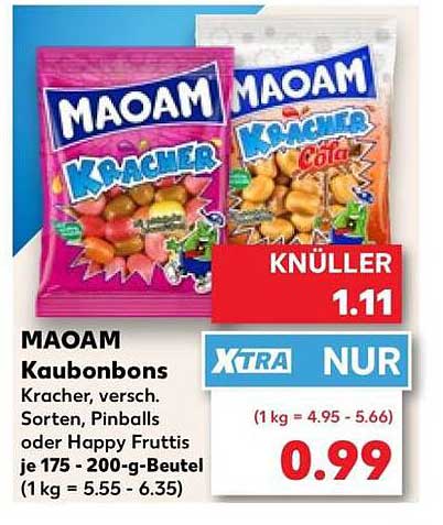 MAOAM Kaubonbons Kracher, versch. Sorten, Pinballs oder Happy Fruttis je 175 - 200-g-Beutel (1 kg = 5.55 - 6.35)