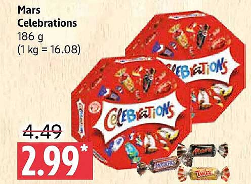 Mars Celebrations 186 g (1 kg = 16.08)