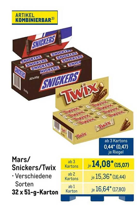 Mars/ Snickers/Twix • Verschiedene Sorten 32 x 51-g-Karton