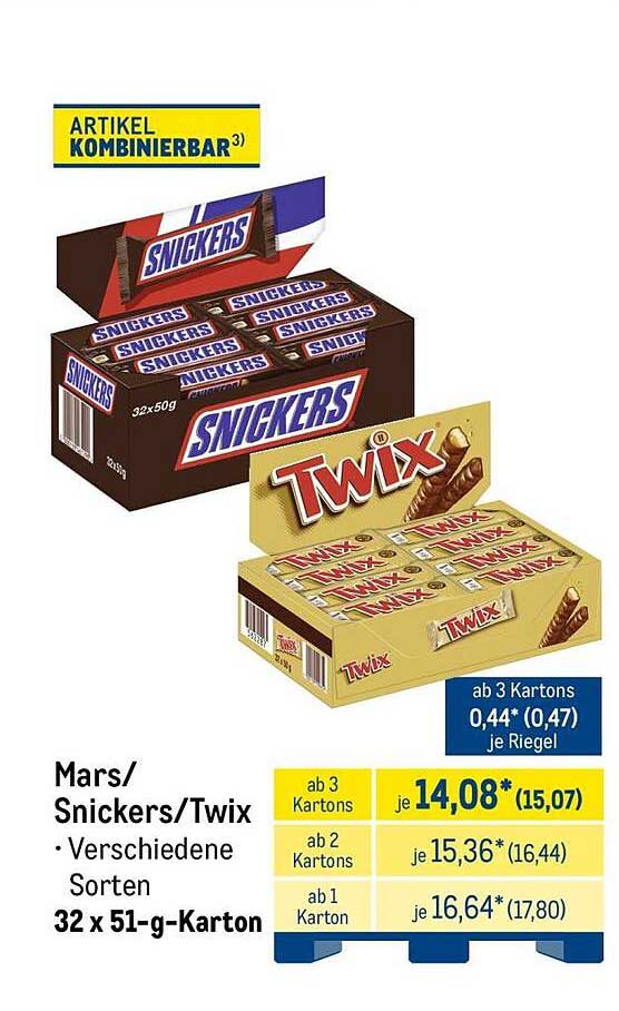 Mars/Snickers/Twix • Verschiedene Sorten 32 x 51-g-Karton