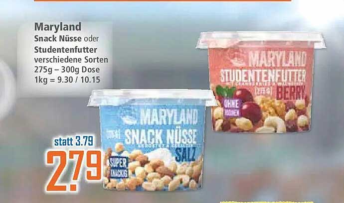Maryland Snack Nüsse oder Studentenfutter verschiedene Sorten 275g – 300g Dose 1kg = 9.30 / 10.15