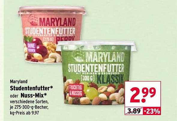 Maryland Studentenfutter* oder Nuss-Mix* verschiedene Sorten, je 275-300-g-Becher, kg-Preis ab 9.97