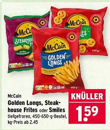 McCain Golden Longs, Steak-house Frites oder Smiles tiefgefroren, 450-650-g-Beutel, kg-Preis ab 2.45