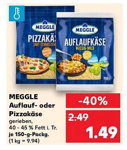 MEGGLE Auflauf- oder Pizzakäse gerieben, 40 - 45 % Fett i. Tr. je 150-g-Packg. (1 kg = 9.94)