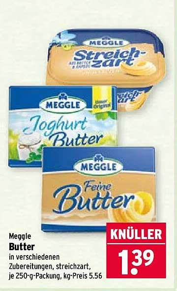 Meggle Butter in verschiedenen Zubereitungen, streichzart, je 250-g-Packung, kg-Preis 5.56