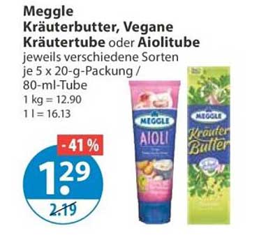 Meggle Kräuterbutter, Vegane Kräuterbutte oder Aiolitube jeweils verschiedene Sorten je 5 x 20-g-Packung / 80-ml-Tube