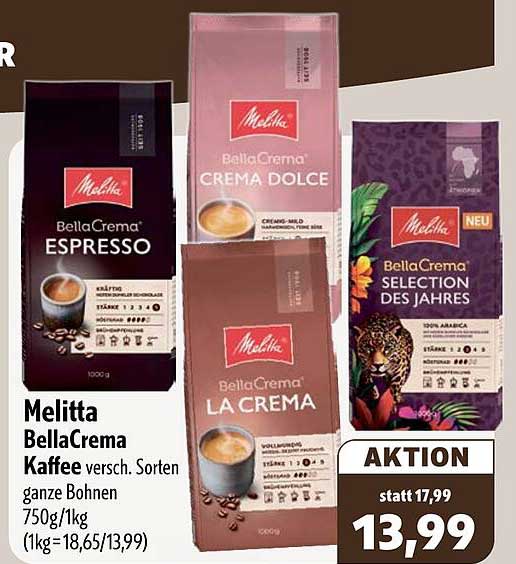 Melitta BellaCrema Kaffee versch. Sorten ganze Bohnen 750g/1kg (1kg=18,65/13,99)