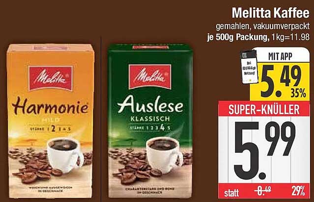 Melitta Kaffee gemahlen, vakuumverpackt je 500g Packung, 1kg=11.98