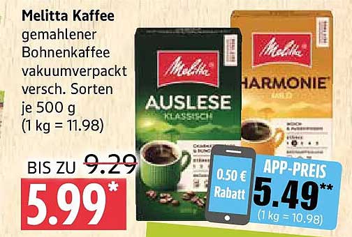 Melitta Kaffee gemahlener Bohnenkaffee vakuumverpackt versch. Sorten je 500 g