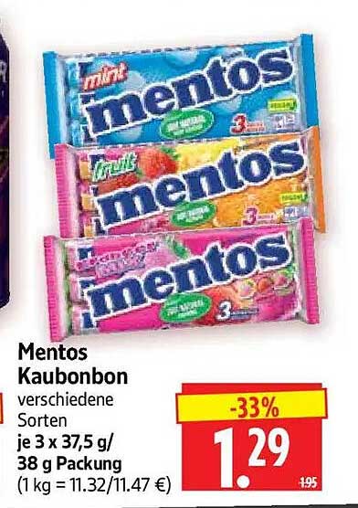 Mentos Kaubonbon verschiedene Sorten je 3 x 37,5 g / 38 g Packung
