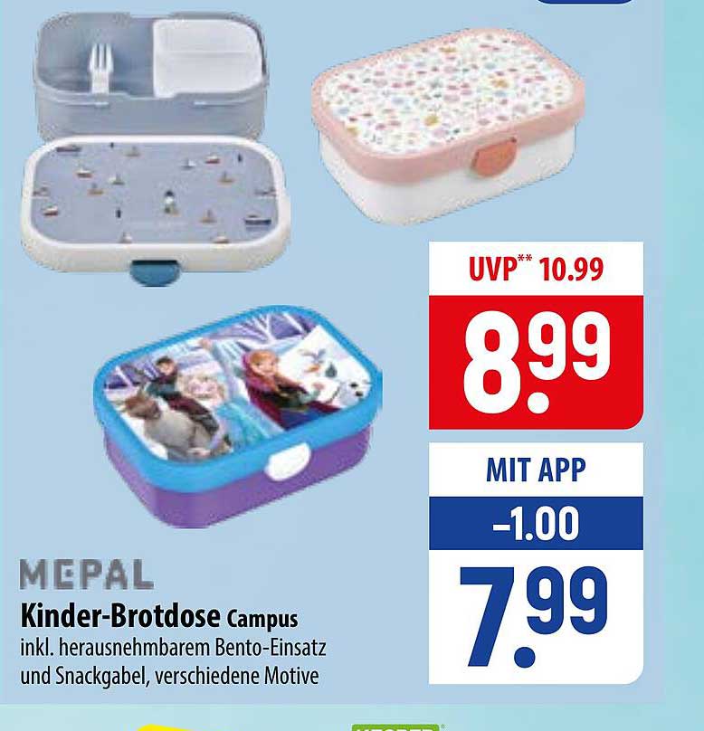 MEPAL Kinder-Brotdose Campus inkl. herausnehmbarem Bento-Einsatz und Snackgabel, verschiedene Motive