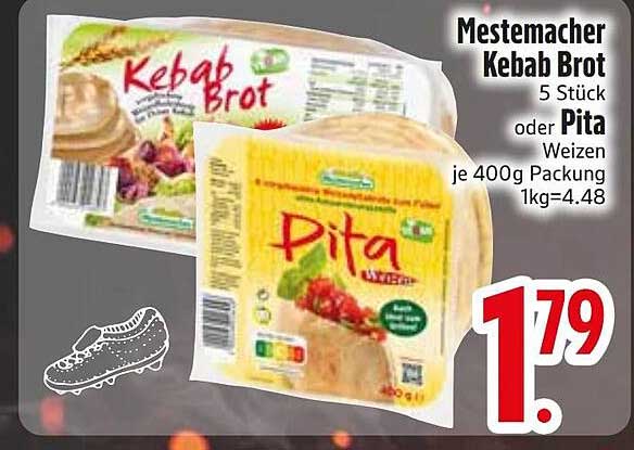 Mestemacher Kebab Brot 5 Stück oder Pita Weizen je 400g Packung 1kg=4.48