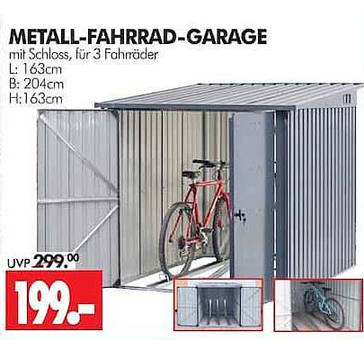 METALL-FAHRRAD-GARAGE
mit Schloss, für 3 Fahrräder
L: 163cm
B: 204cm
H: 163cm