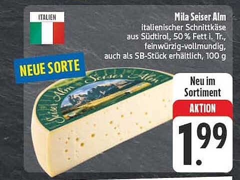 Mila Seiser Alm italienischer Schnittkäse aus Südtirol, 50 % Fett i. Tr., feinwürzig-vollmundig, auch als SB-Stück erhältlich, 100 g