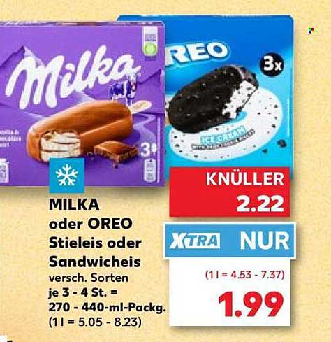 MILKA oder OREO Stieleis oder Sandwich versch. Sorten je 3 - 4 St. = 270 - 440-ml-Packg. (1 l = 4.53 - 8.23)