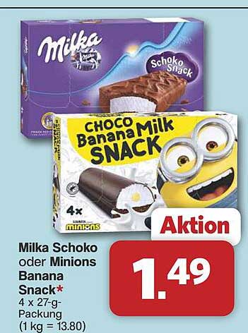 Milka Schoko oder Minions Banana Snack* 4 x 27-g-Packung (1 kg = 13.80)