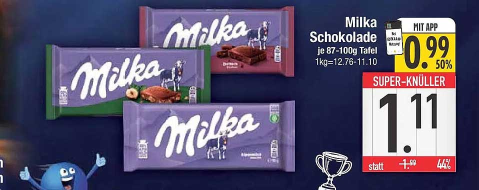 Milka Schokolade je 87-100g Tafel 1kg=12.76-11.10