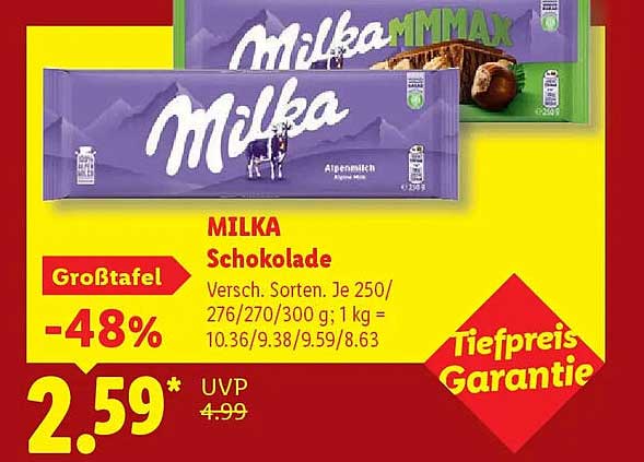 MILKA Schokolade Versch. Sorten. Je 250/276/270/300 g; 1 kg = 10.36/9.38/9.59/8.63