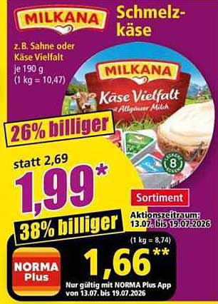 MILKANA Schmelzkäse z.B. Sahne oder Käse Vielfalt je 190 g (1 kg = 10,47)