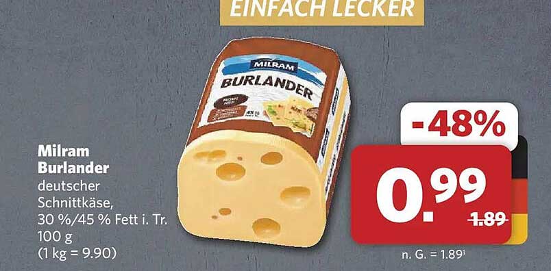 Milram Burlander deutscher Schnittkäse, 30 %/45 % Fett i. Tr. 100 g