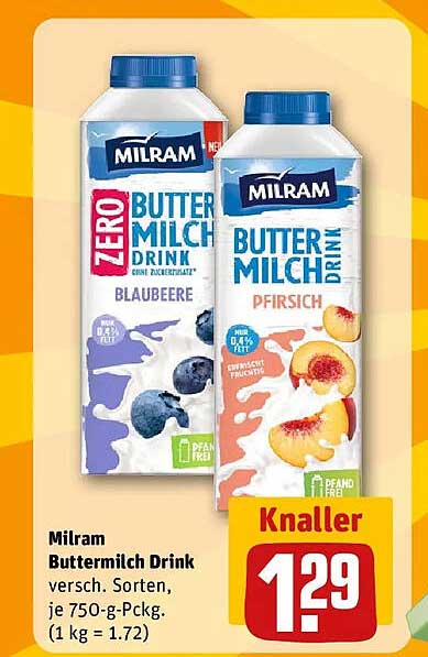 Milram Buttermilch Drink versch. Sorten, je 750-g-Pckg. (1 kg = 1,72)