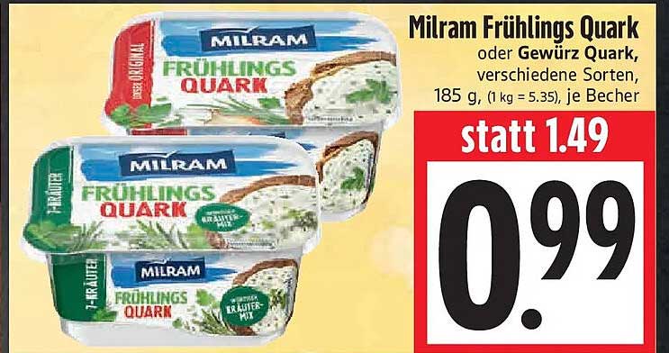Milram Frühlings Quark oder Gewürz Quark, verschiedene Sorten, 185 g, (1 kg = 5.35), je Becher
