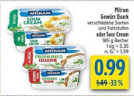 Milram Gewürz Quark verschiedene Sorten und Fettstufen oder Sour Cream 185 g Becher