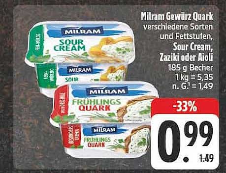 Milram Gewürz Quark verschiedene Sorten und Fettstufen, Sour Cream, Zaziki oder Aioli 185 g Becher 1 kg = 5,35 n. G. = 1,49
