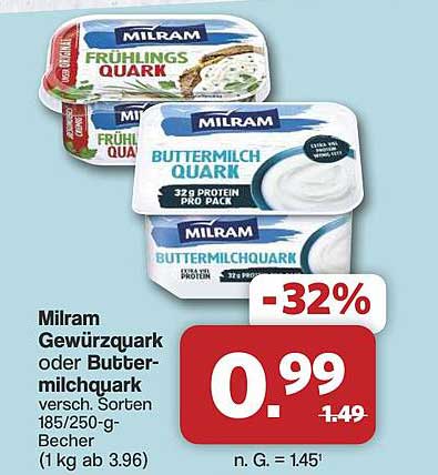 Milram Gewürzquark oder Buttermilchquark versch. Sorten 185/250-g-Becher (1 kg ab 3.96)