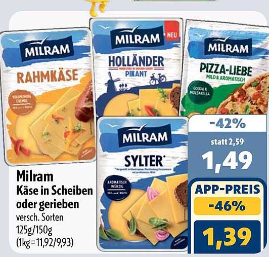 Milram Käse in Scheiben oder gerieben versch. Sorten 125g/150g (1kg = 11,92/9,93)