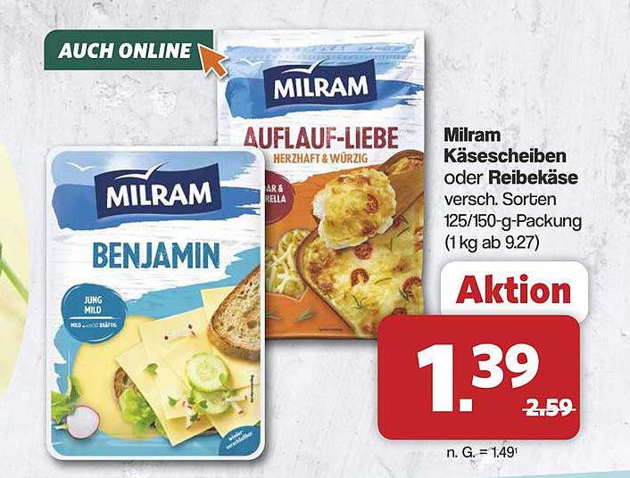 Milram Käsescheiben oder Reibekäse versch. Sorten 125/150-g-Packung (1 kg ab 9.27)