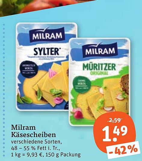 Milram Käsescheiben verschiedene Sorten, 48 – 55 % Fett i. Tr., 1 kg = 9,93 €, 150 g Packung