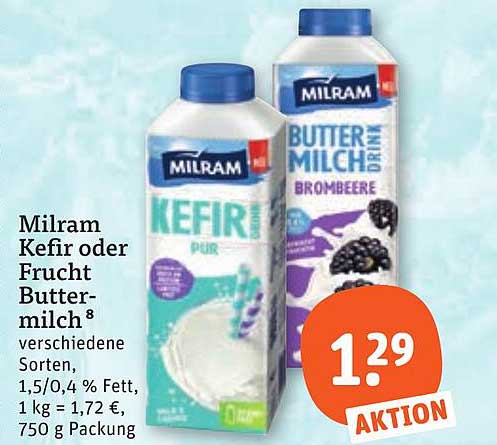 Milram Kefir oder Frucht Buttermilch⁸ verschiedene Sorten, 1,5/0,4 % Fett, 1 kg = 1,72 €, 750 g Packung