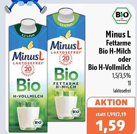 MinusL Fettarme Bio H-Milch oder Bio H-Vollmilch 1,5/3,5% laktosefrei