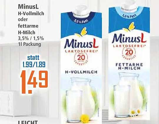 MinusL H-Vollmilch oder fettarme H-Milch 3,5% / 1,5% 1l Packung