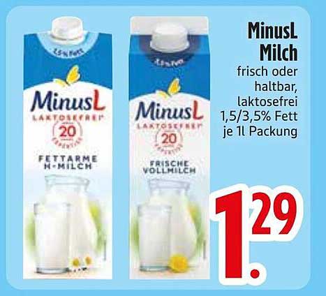 MinusL Milch frisch oder haltbar, laktosefrei 1,5/3,5% Fett je 1l Packung