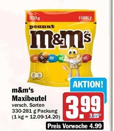 m&m’s Maxibeutel versch. Sorten 330-281 g Packung (1 kg = 12.09-14.20)