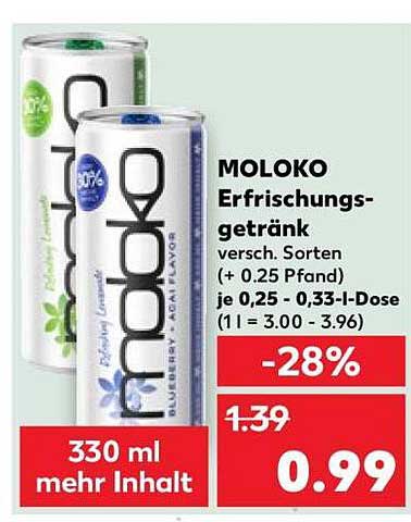 MOLOKO Erfrischungsgetränk versch. Sorten (+ 0.25 Pfand) je 0,25 - 0,33-l-Dose (1 l = 3.00 - 3.96)